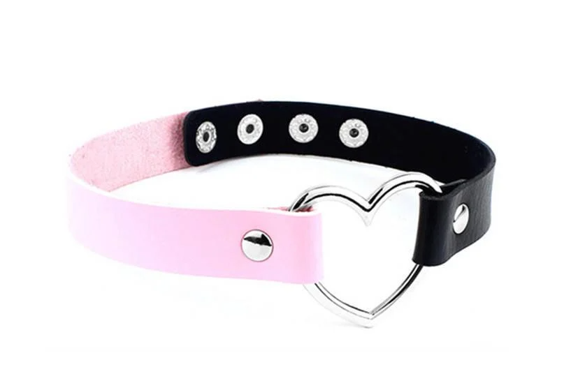 Чокер двойной Сердце кожаное Розово-черный