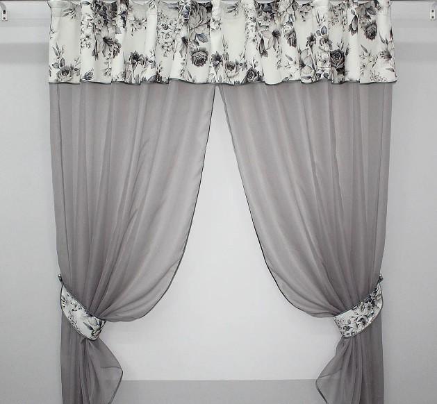 Шторки кухонні з ламбрекеном та підв'язками 270х170 см Молочний/Сірий (084к)