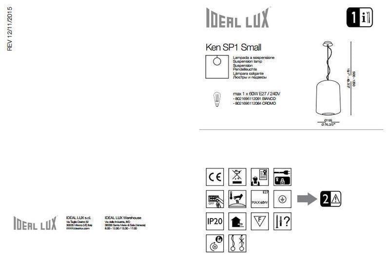 Подвесной светильник Ideal Lux Ken SP1 Small Cromo (112084) - фото 2