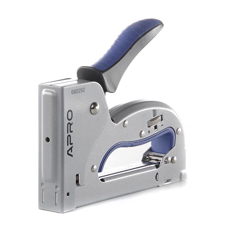 Степлер рессорный Apro для скоб 4-14 мм стальной корпус регулировка удара колесом (680250) Степлер рессорный Apro для скоб 4-14 мм стальной корпус регулировка удара колесом (680250)