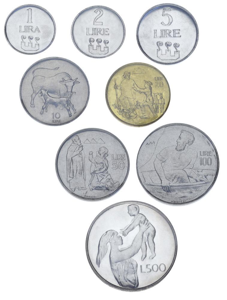 Коллекционные монеты Сан-Марино 8 шт. 1972 UNC 1/2/5/10/20/50/100/500 лир серебро (М04371)