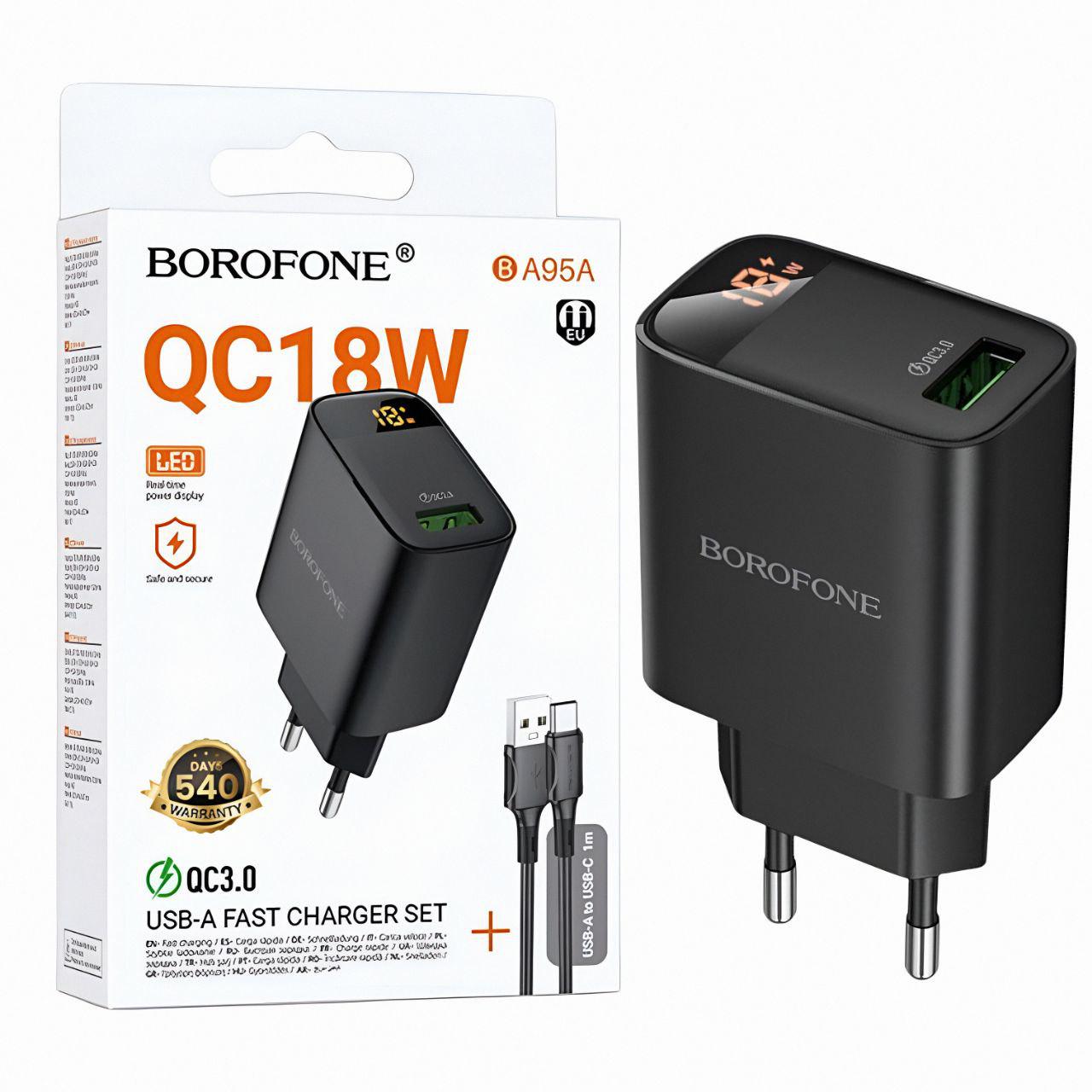 Зарядное устройство Borofone BA95A USB-A и кабель Type-C 18W поддержка Quick Charge 3.0 Черный (25547449)