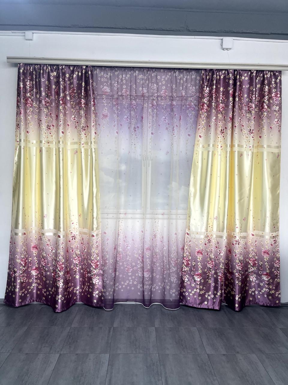 Шторы готовые Омбре с цветочным принтом с тюлем Фиолетовый (SHT-651-2)