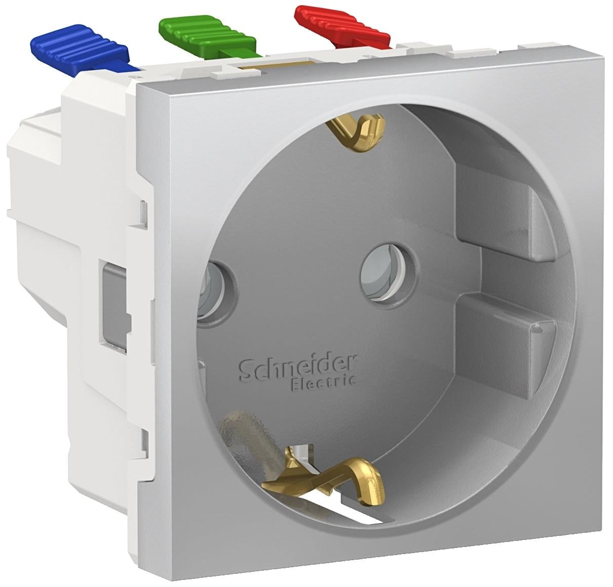Розетка Schneider Electric PC Unica с з/к с шторками самозажимные клеммы 16А Алюминий (NU305730)