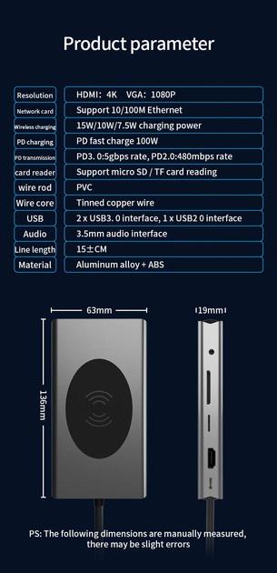 Хаб-концентратор Basix 13в1 Docking Station для Macbook/Windows с поддержкой беспроводной зарядки для iPhone/Android - фото 3