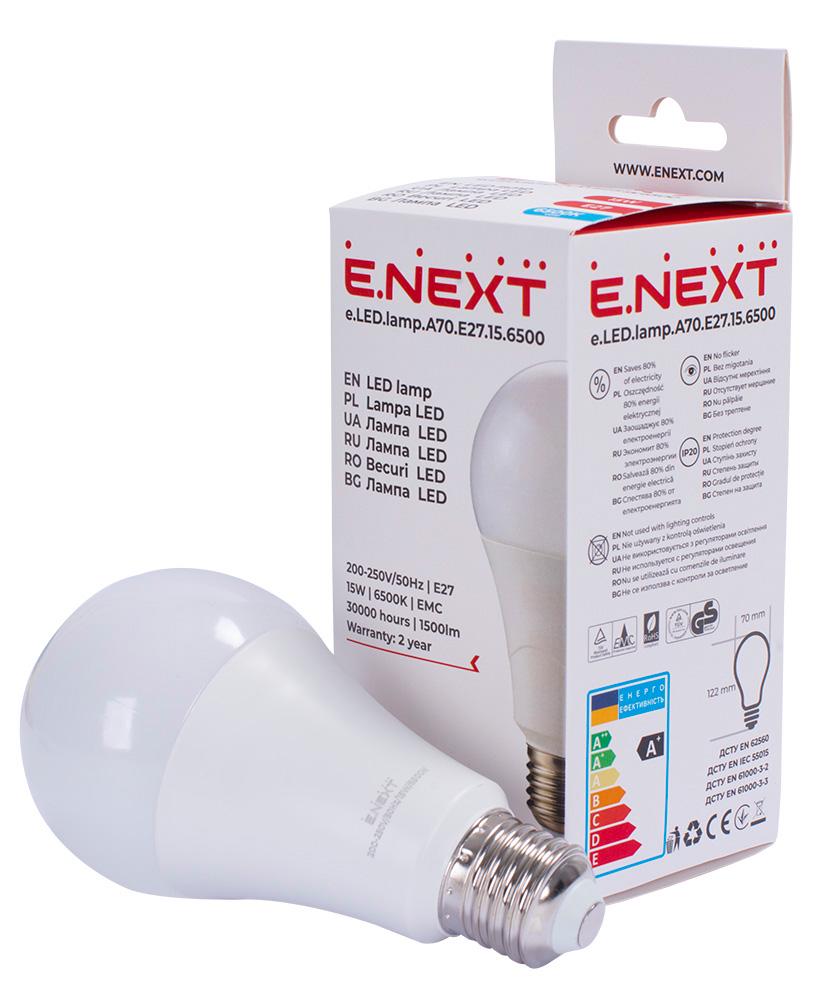 Лампа LED E.NEXT e.LED.lamp.A70.E27.15.6500 15W 220V 1500lm 6500K E27 70x122 мм груша (l0650627) - фото 2 Лампа LED E.NEXT e.LED.lamp.A70.E27.15.6500 15W 220V 1500lm 6500K E27 70x122 мм груша (l0650627) - фото 2