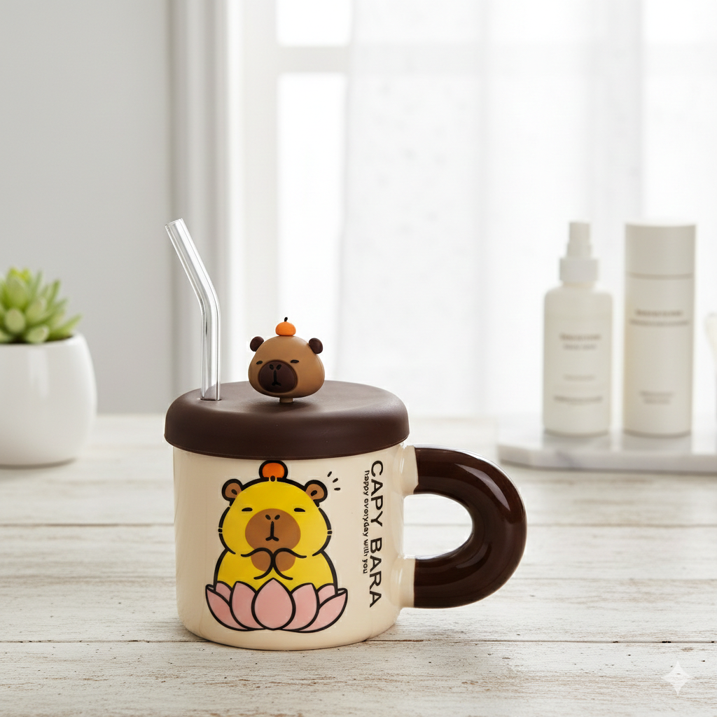 Чашка фарфоровая с ручкой крышкой и трубочкой Капибара на лотосе 400 мл 12х9 см Кремовый/Коричневый (FM-27B) Чашка фарфоровая с ручкой крышкой и трубочкой Капибара на лотосе 400 мл 12х9 см Кремовый/Коричневый (FM-27B)