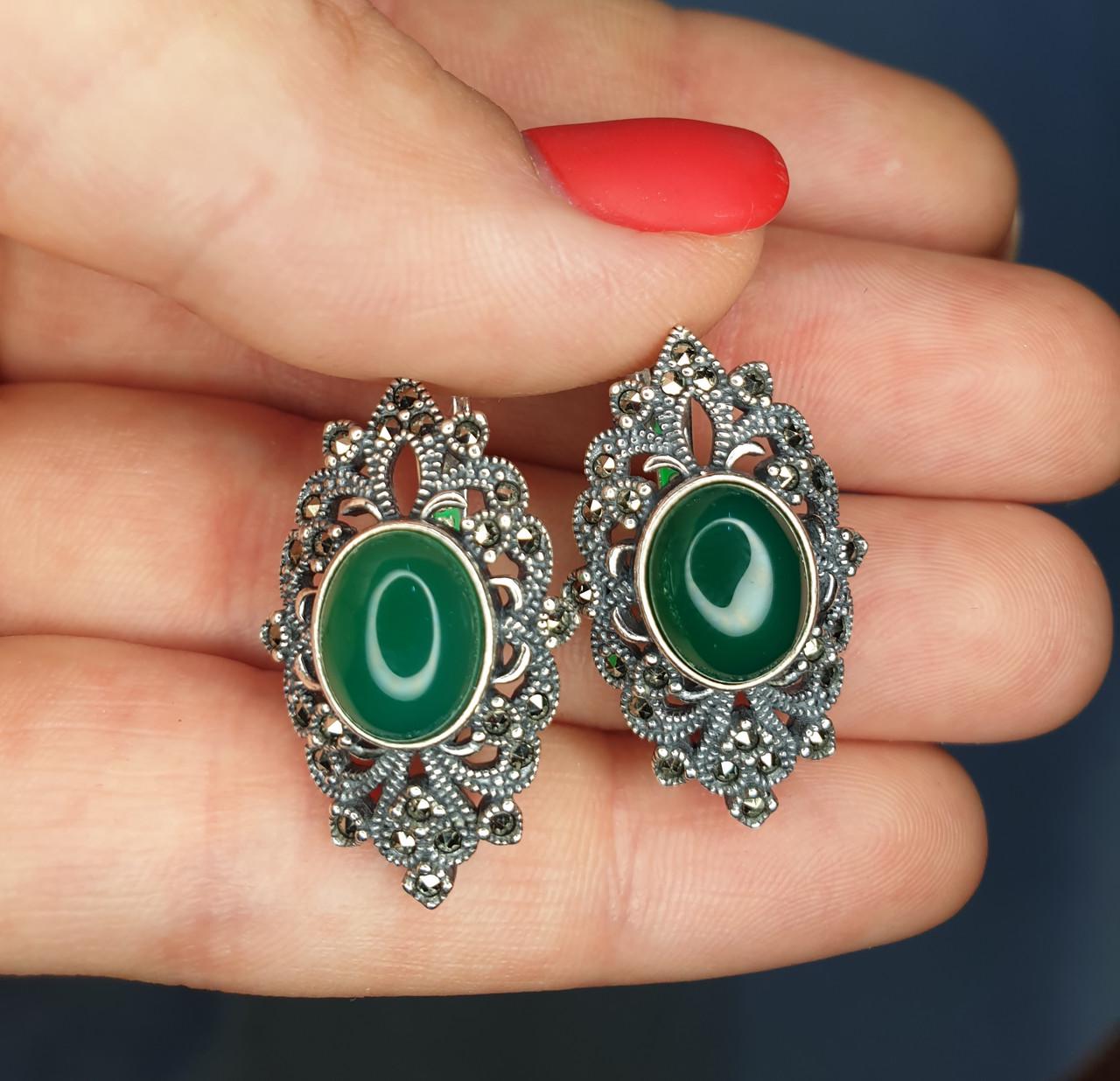 Серьги серебряные с хризопразом и марказитом 9 г (998718535)