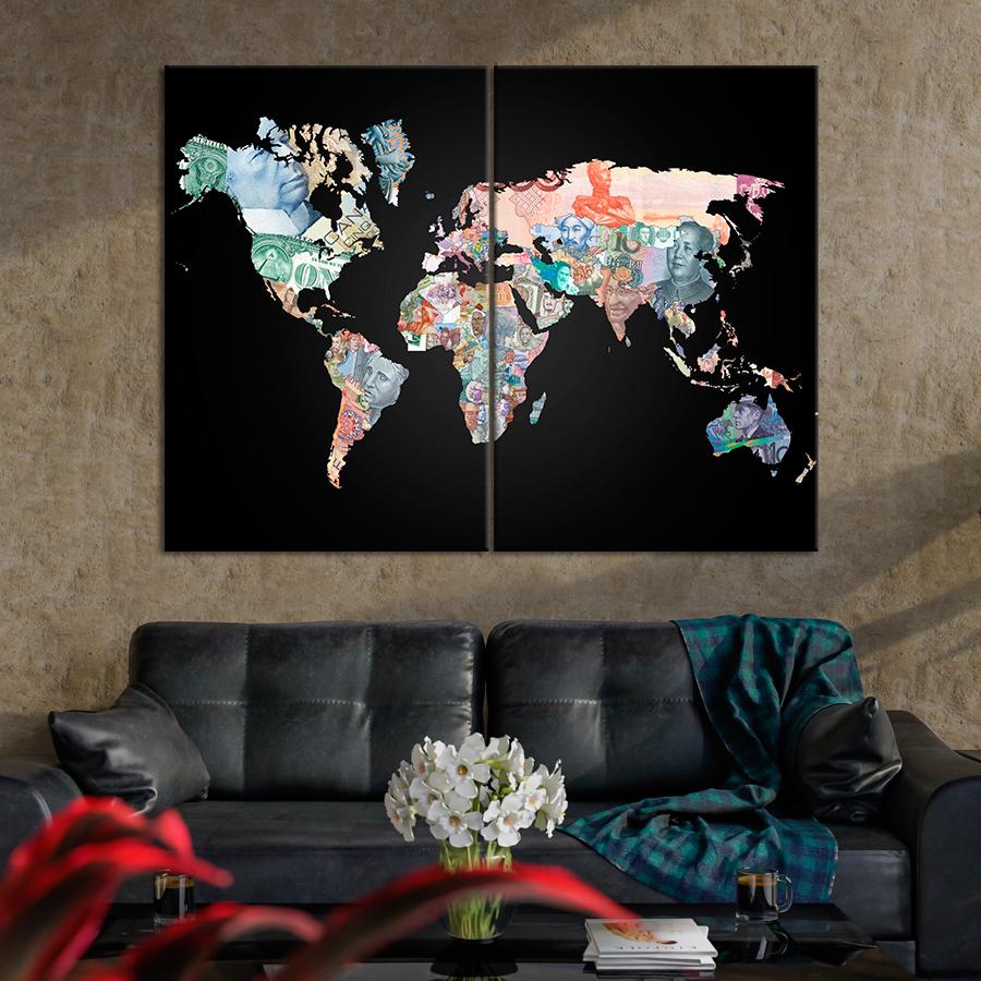 Картина карта Валюты разных стран на карте мира 71x51 см (A1364-2)