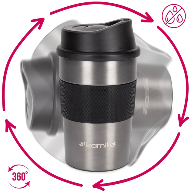 Термокружка Kamille KM-2150 из нержавеющей стали с TPR-вставкой 360 мл Стальной/Черный (150-84-2150) - фото 5