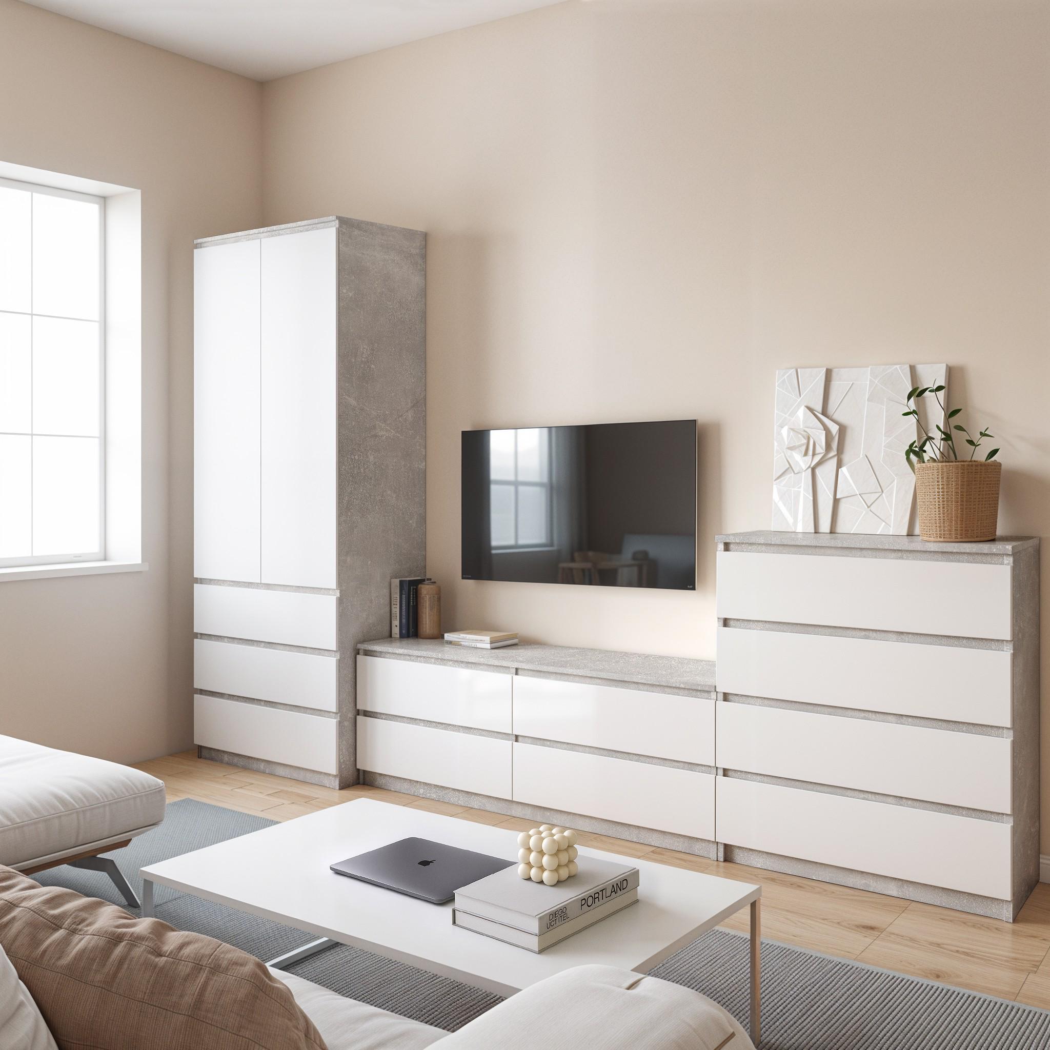 Комплект мебели в гостиную шкаф T-211/тумба телевизионная FT-223/комод FT-215 3003х502х2117 мм Бетон/Белый - фото 1 Комплект мебели в гостиную шкаф T-211/тумба телевизионная FT-223/комод FT-215 3003х502х2117 мм Бетон/Белый - фото 1