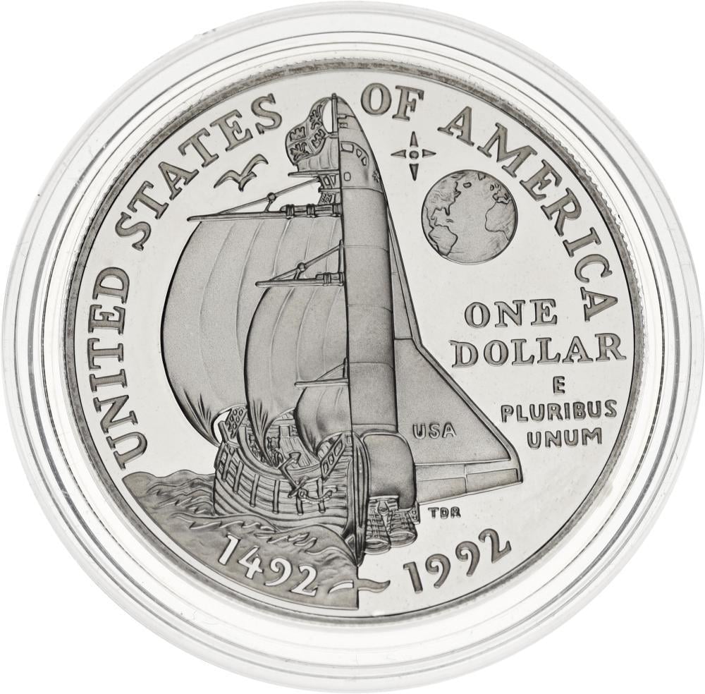 Коллекционная монета США 1 доллар 1992 Серебро P Proof 500 лет поездки Колумба Корабль (KM#238) Коллекционная монета США 1 доллар 1992 Серебро P Proof 500 лет поездки Колумба Корабль (KM#238)