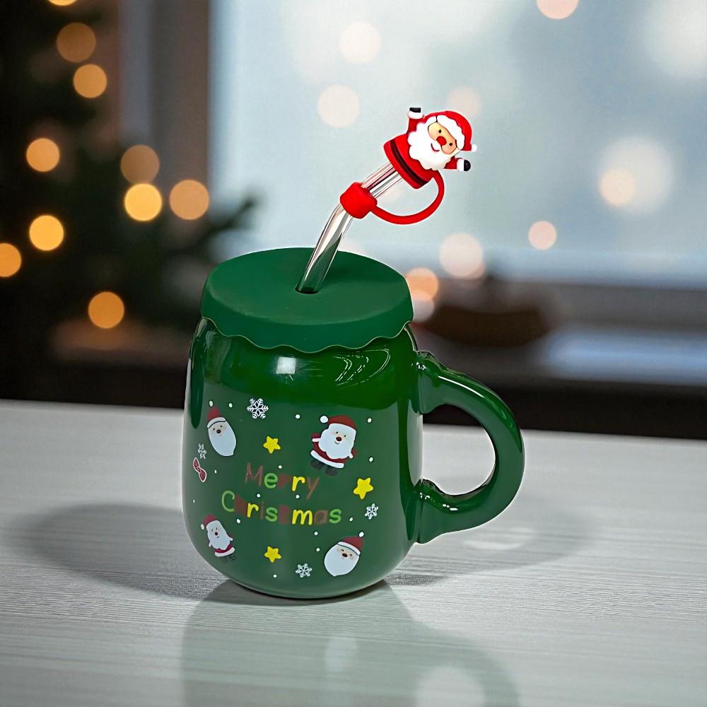 Чашка з кришкою і трубочкою Санта кераміка 460 мл Зелений (21-зел-102-1082) - фото 8