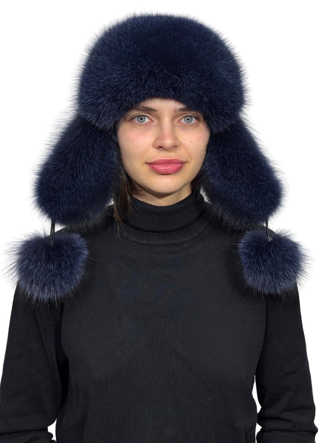 Шапка женская Меховой стиль Ушанка из натурального меха песца XL-XXL Ярко-синий (401/P)