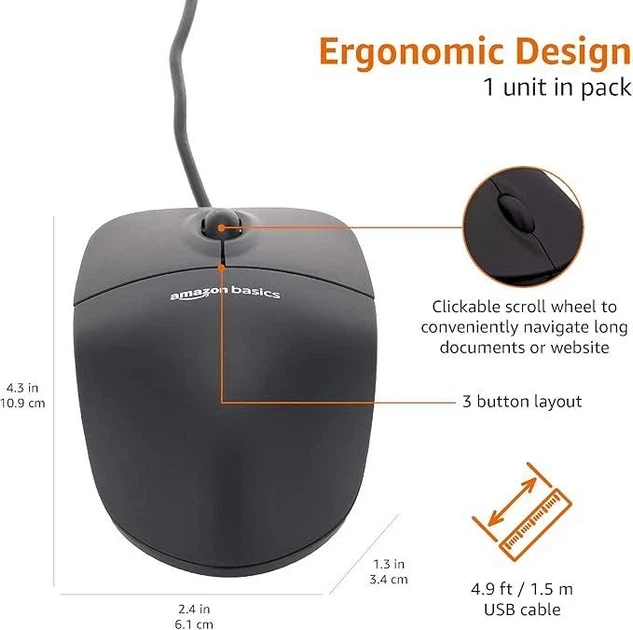 Миша комп’ютерна дротова Amazon Basics USB оптична 1000 DPI Чорний - фото 2 Миша комп’ютерна дротова Amazon Basics USB оптична 1000 DPI Чорний - фото 2