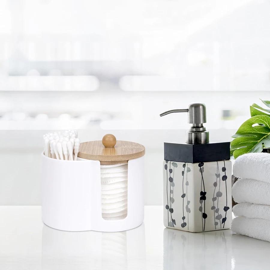 Органайзер для ватных дисков и ватных палочек пластиковый с деревянной крышкой 10х7х6,5 см Белый (D-0127) - фото 3