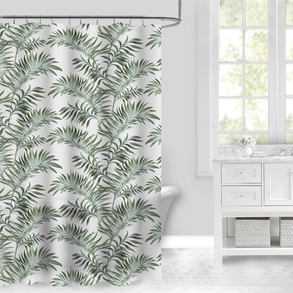 Шторка для ванной и душа водоотталкивающая Папоротник материал PEVA с металлическими крючками 180x180 см Белый