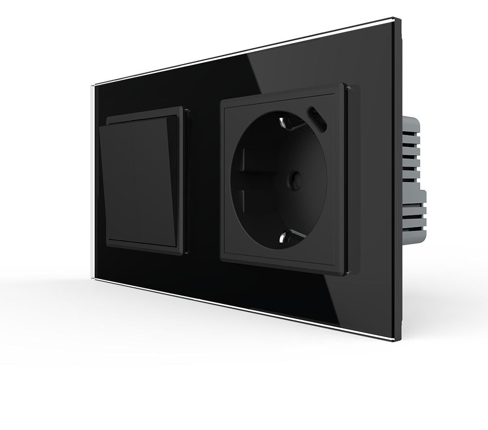 Выключатель двойной с розеткой Livolo USB Type-C 18Вт с заземлением стекло Черный