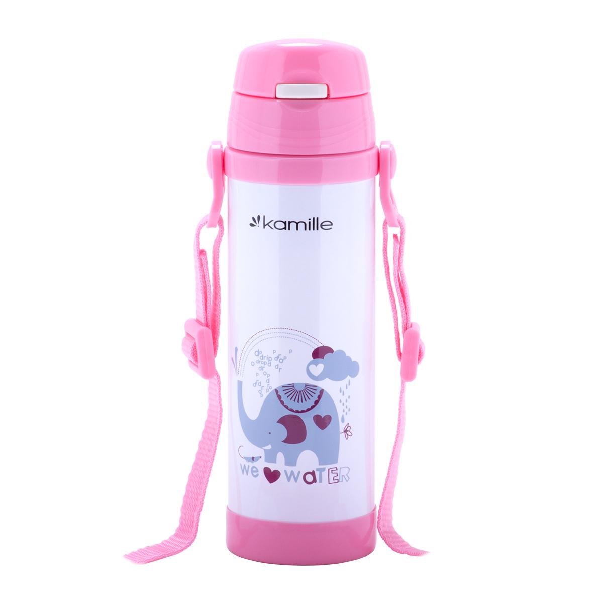 Термос детский с трубочкой и ремнем Kamille из нержавеющей стали 500 мл Розовый (2086)