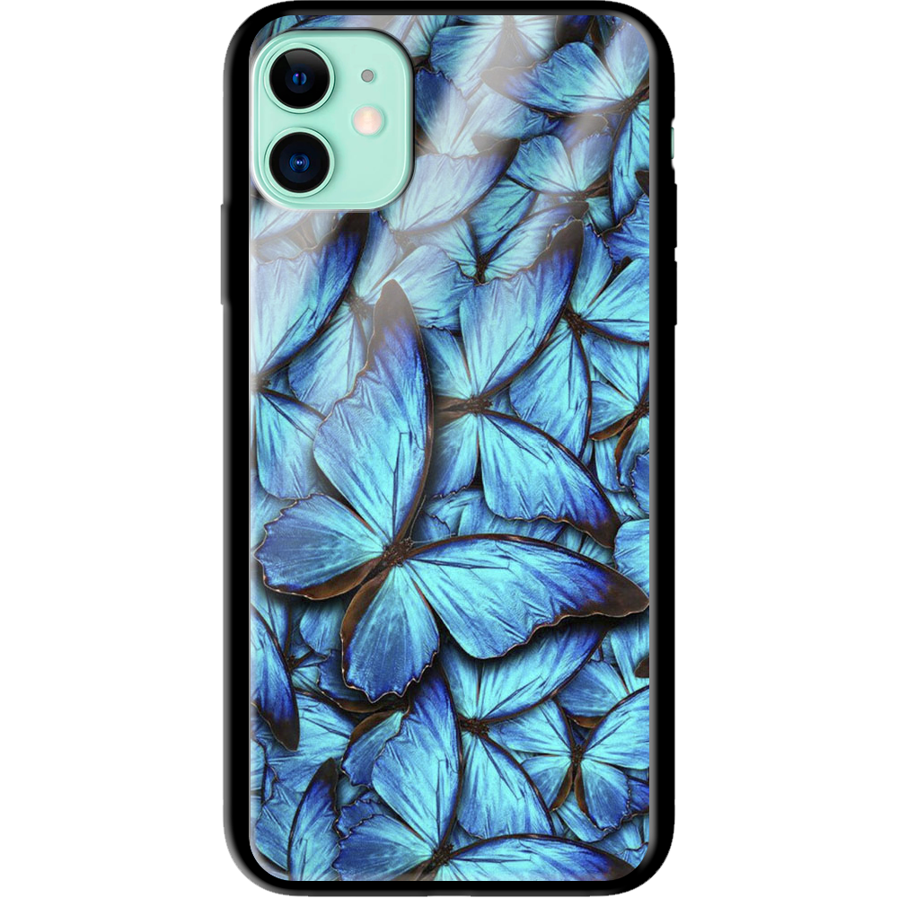 Чехол Boxface iPhone 11 лазурные бабочки Черный силикон со стеклом (38184-up1550-38345)
