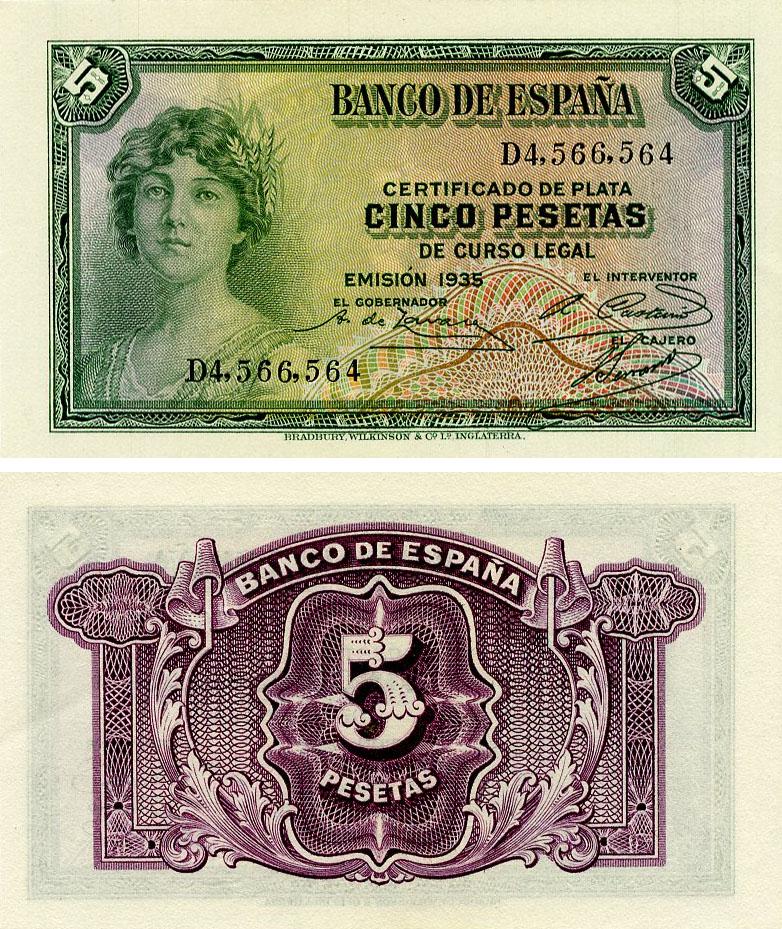 Коллекционная банкнота Испания 5 песет 1935 UNC (P85)