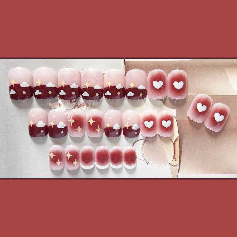 Накладные ногти с сердечками и звездами с клеем Bananahall 24 шт. LK13448 Бордовый (A9764)