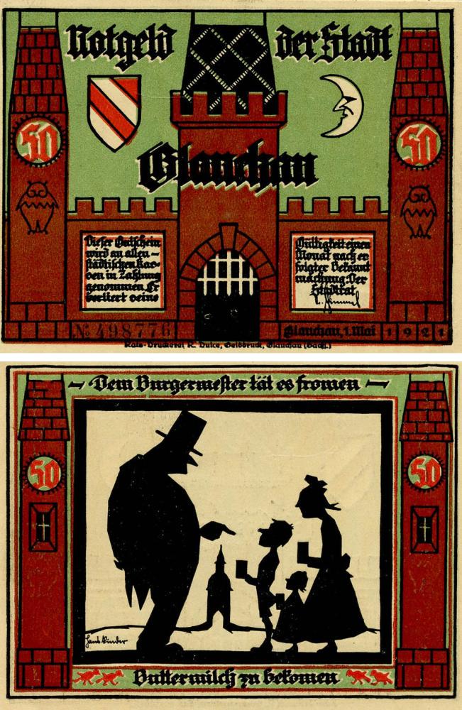 Коллекционная банкнота Германия Нотгельд 50 пфеннигов 1921 F-VF Глаухау Разновидность 1 (Б18821)