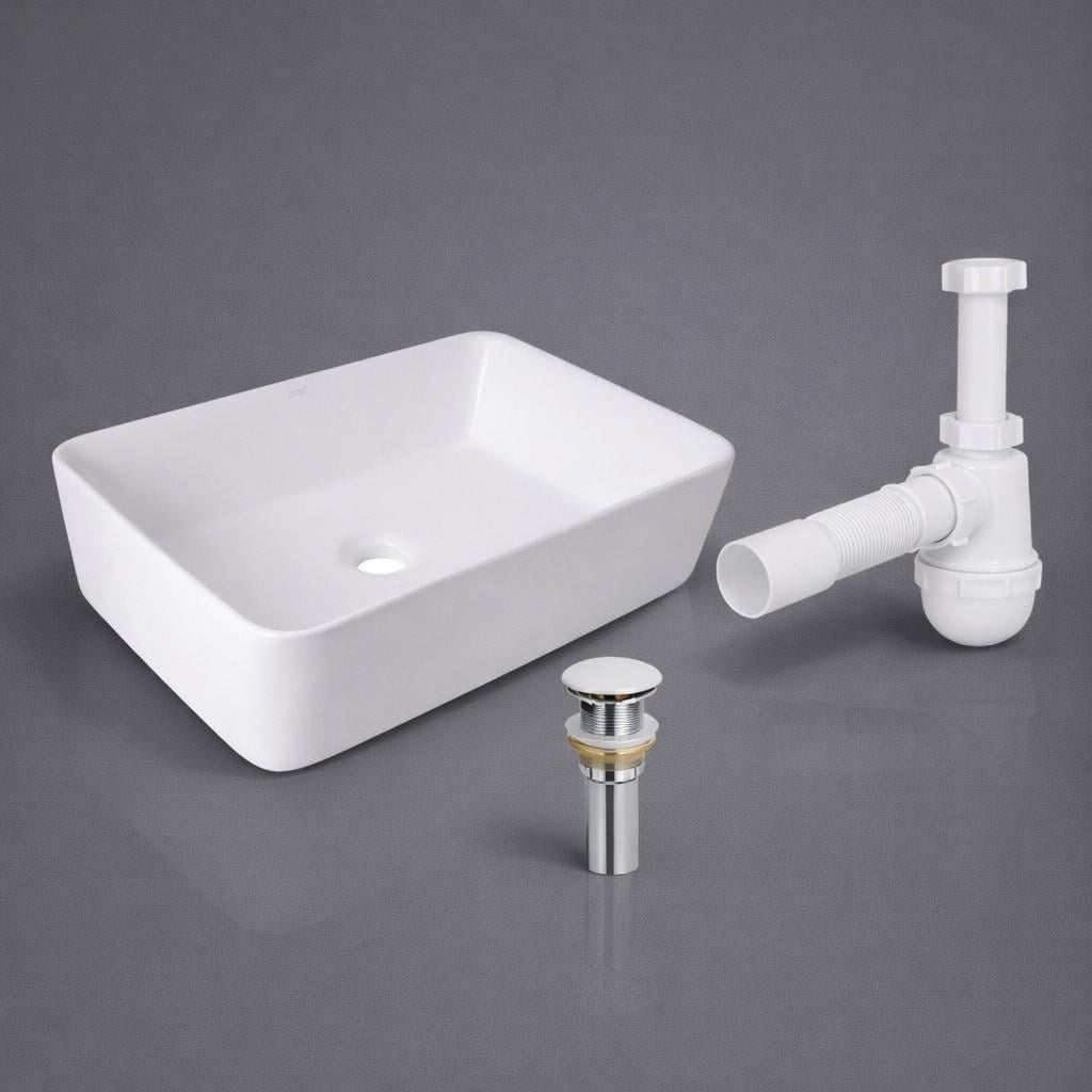 Комплект для ванной Qtap Tern накладная раковина 480×370 White/донный клапан PU02/сифон для умывальника
