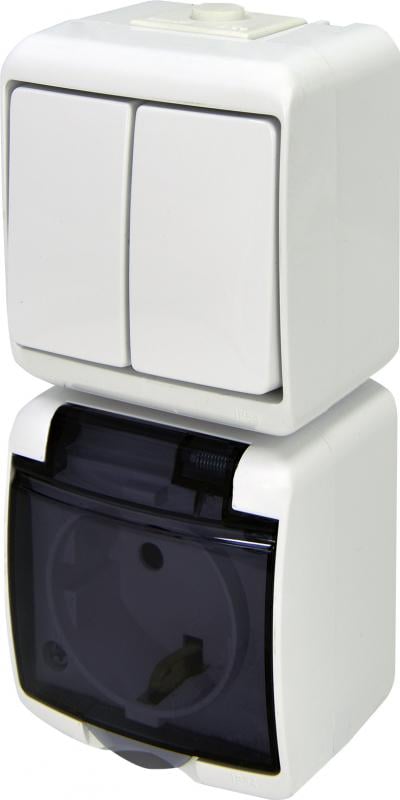 Розетка зовнішня ETI VRHP-2sd із заземленням/2-клавішним вимикачем вертикальна з прозорою кришкою IP54 Білий (4668028)