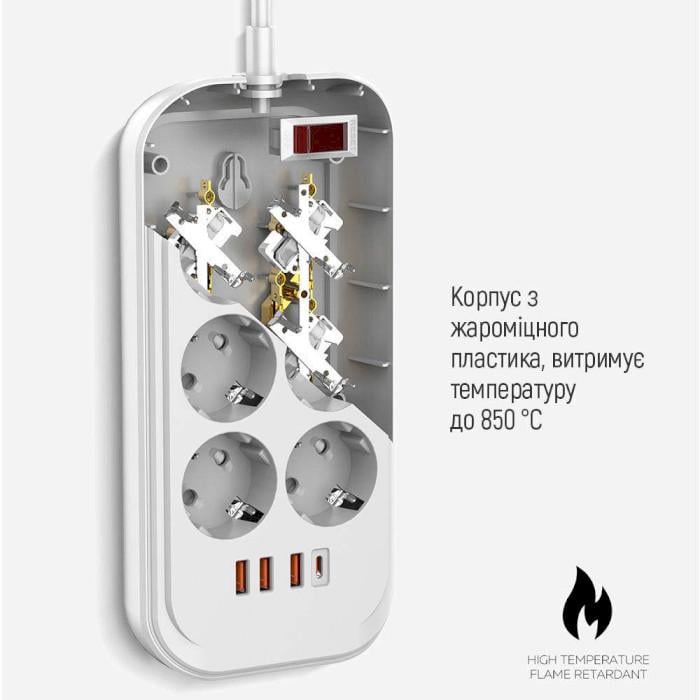 Сетевой фильтр ColorWay CW-CHE64PDW 6 розеток 1 USB-C PD 3 USB-A QC3.0 36W 2 м White (26075476) - фото 8