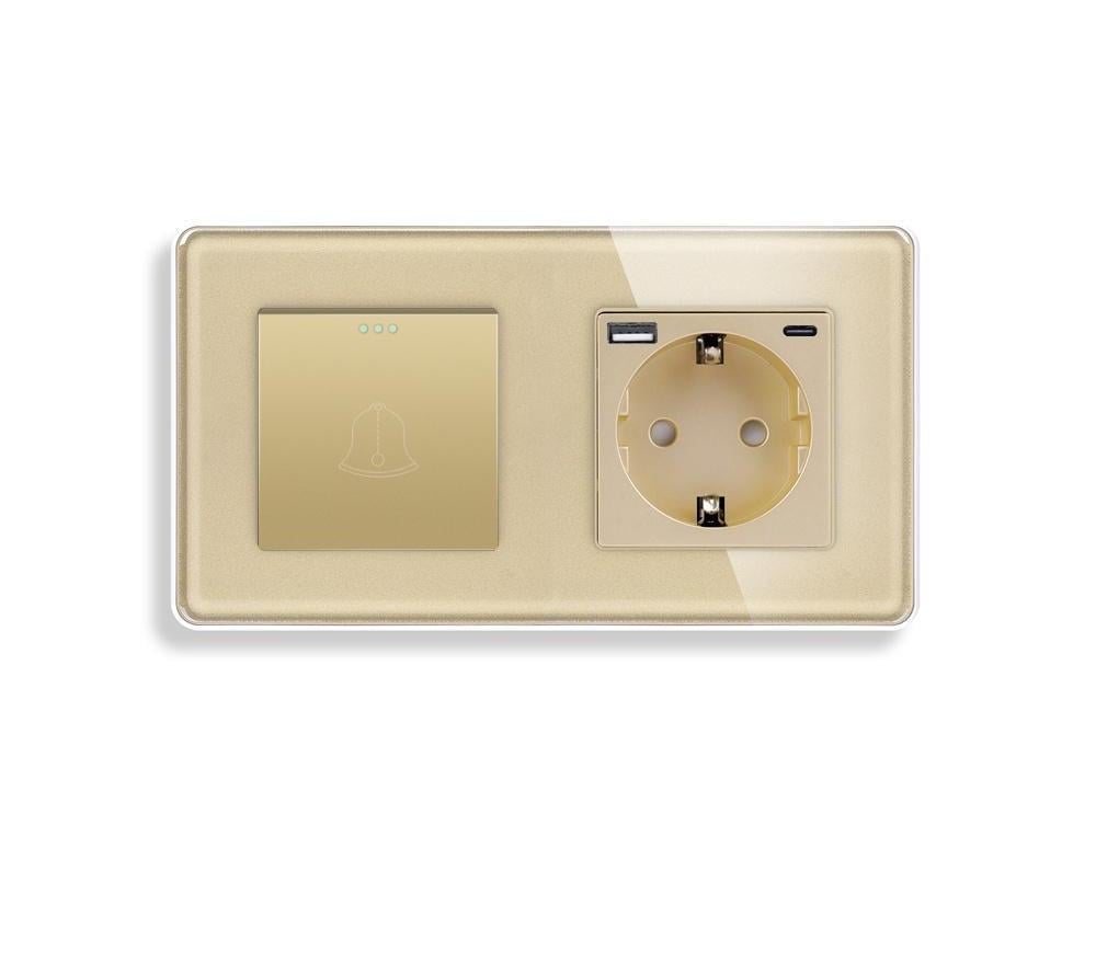 Выключатель с розеткой ELIOS USB A+C 20Вт с заземлением/защитными шторками стекло Золотой Выключатель с розеткой ELIOS USB A+C 20Вт с заземлением/защитными шторками стекло Золотой