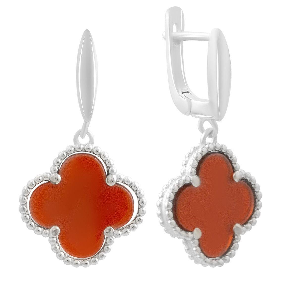 Сережки срібні LoveR з червоним агатом у формі чотирилистка та декоративною зернистою окантовкою Сережки срібні LoveR з червоним агатом у формі чотирилистка та декоративною зернистою окантовкою