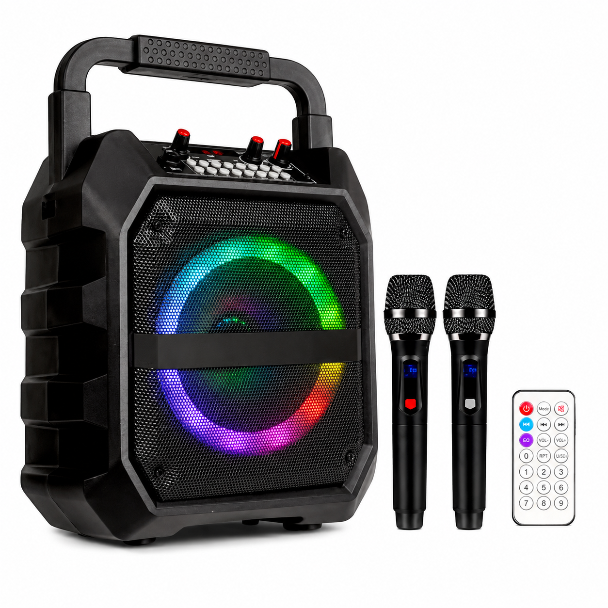 Караоке-колонка с двумя микрофонами Bluetooth 5.0 FM USB TF AUX 25W RGB-подсветка Черный (2836334097)