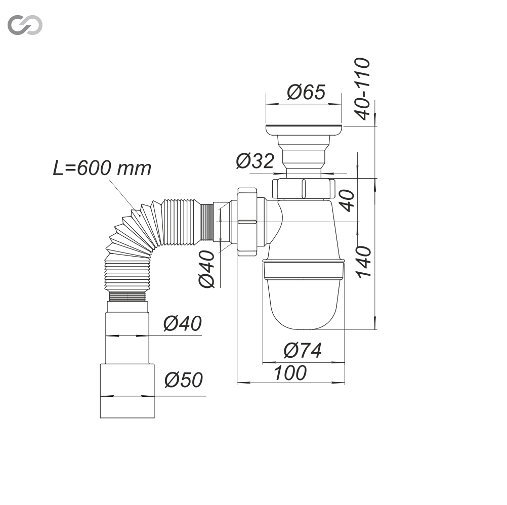 Сифон SoloPlast У0111 для мойки и раковины с гибкой трубой 600 мм и сеткой Ø 65 мм (2518219739) - фото 3