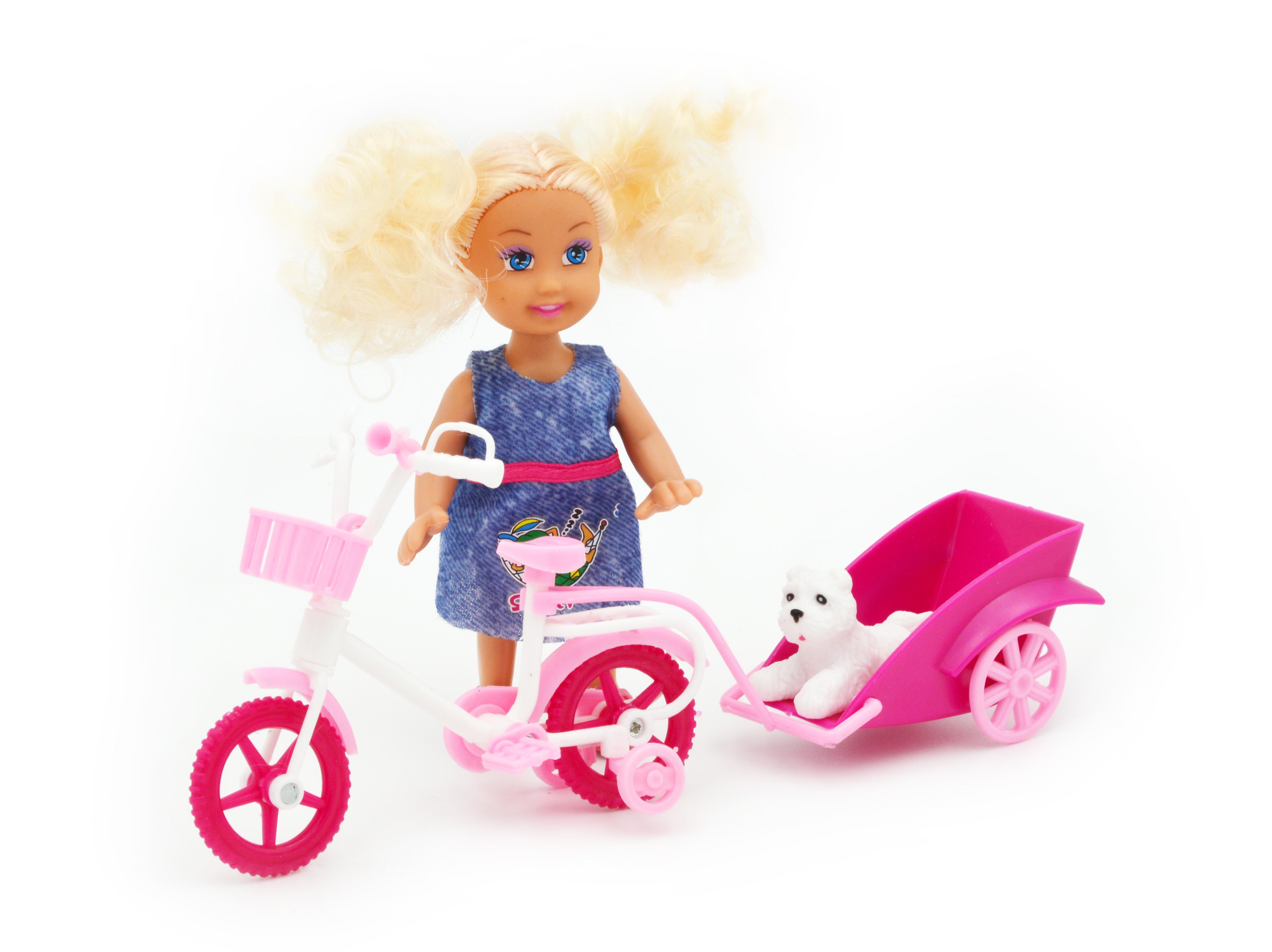 Кукла маленькая 899-13 велосипед с прицепом шлем собачка