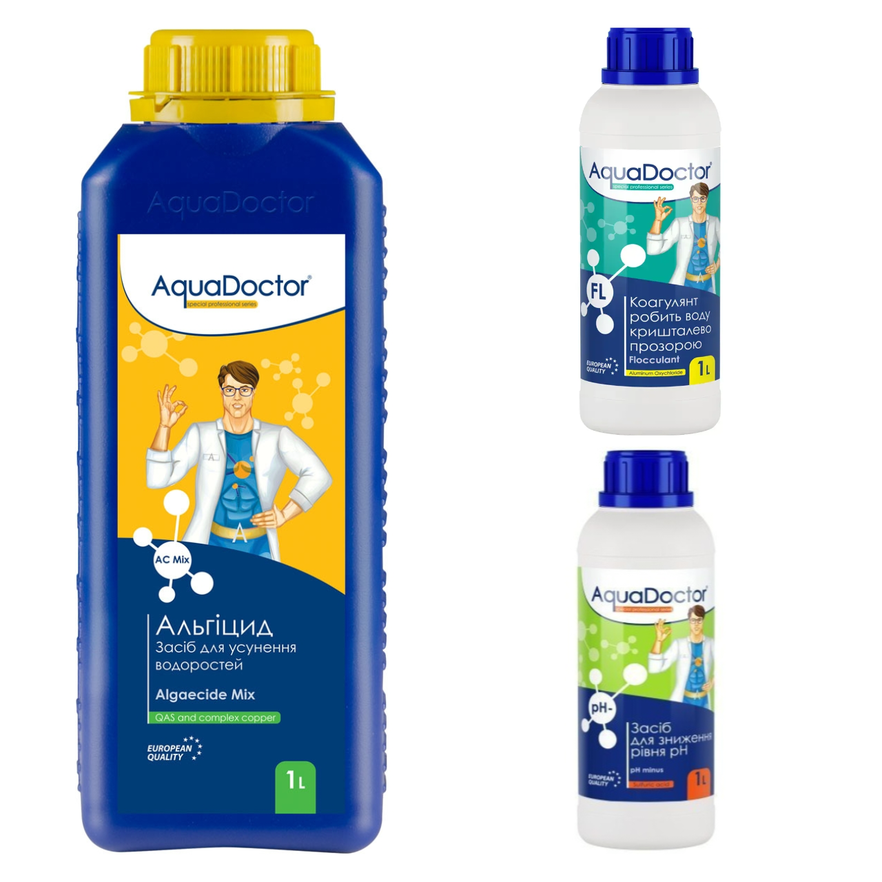 Набір хімії для басейну AquaDoctor 3в1 альгіцид/рідкий pH Minus/коагулянт (3175815779)