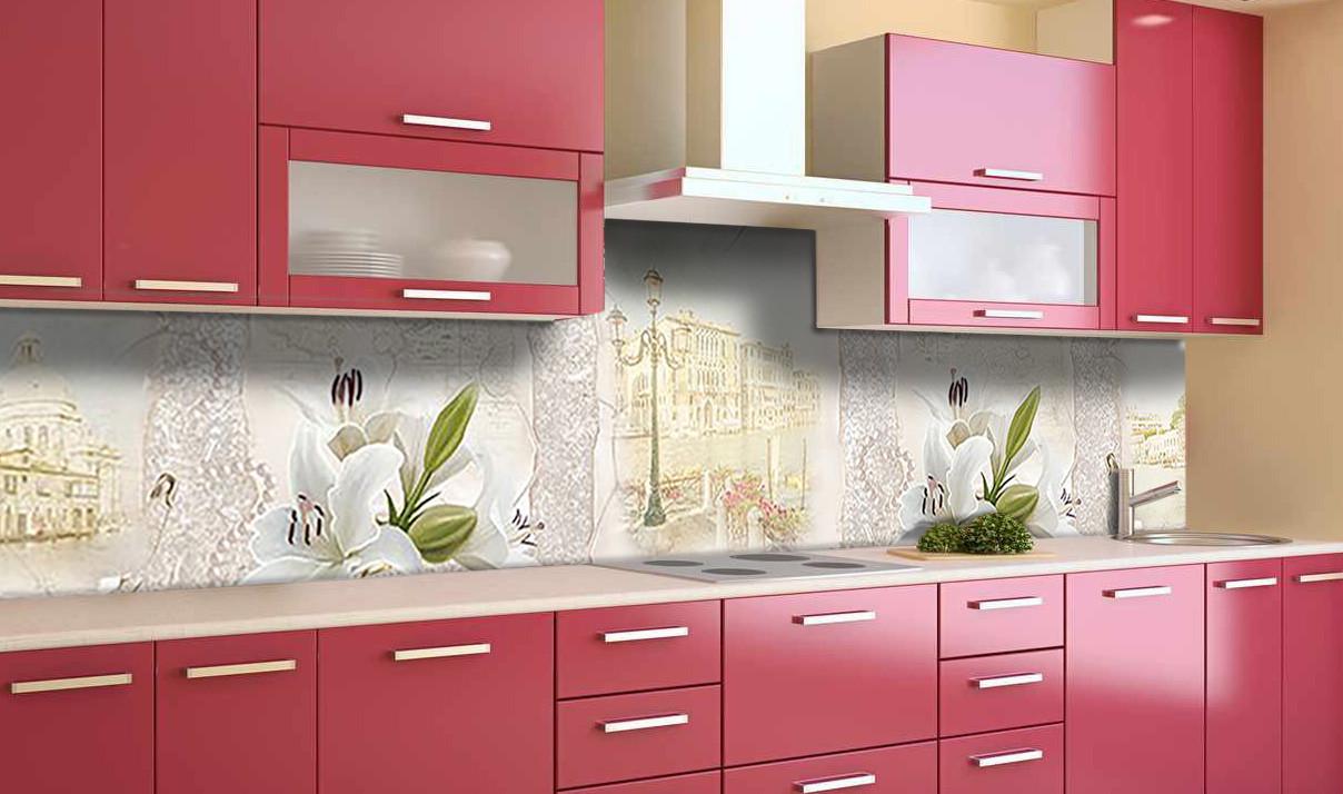 Кухонный фартук Белые лилии из самоклеющейся виниловой пленки 65х250 см Бежевый