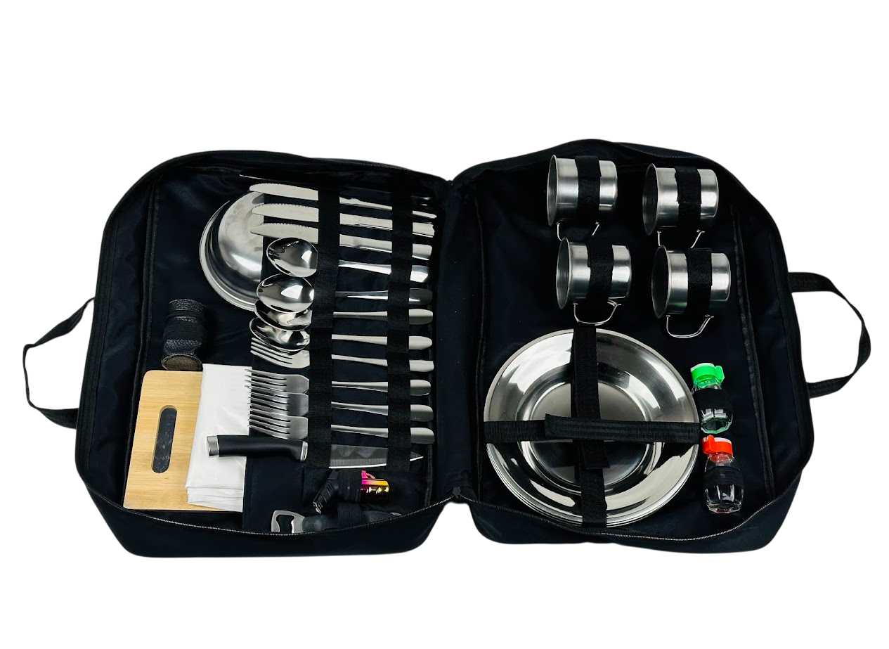 Набор металлической посуды для пикника с кружками на 4 человека из нержавеющей стали в сумке с ручками 36 предметов Черный (124-10-PS-1002)