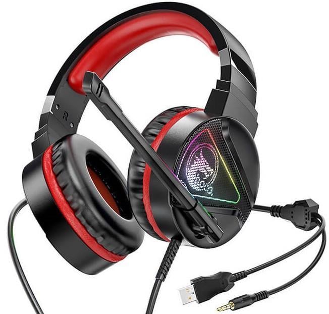 Ігрові навушники HOCO W104 з мікрофоном LED підсвітка 98дБ red/black
