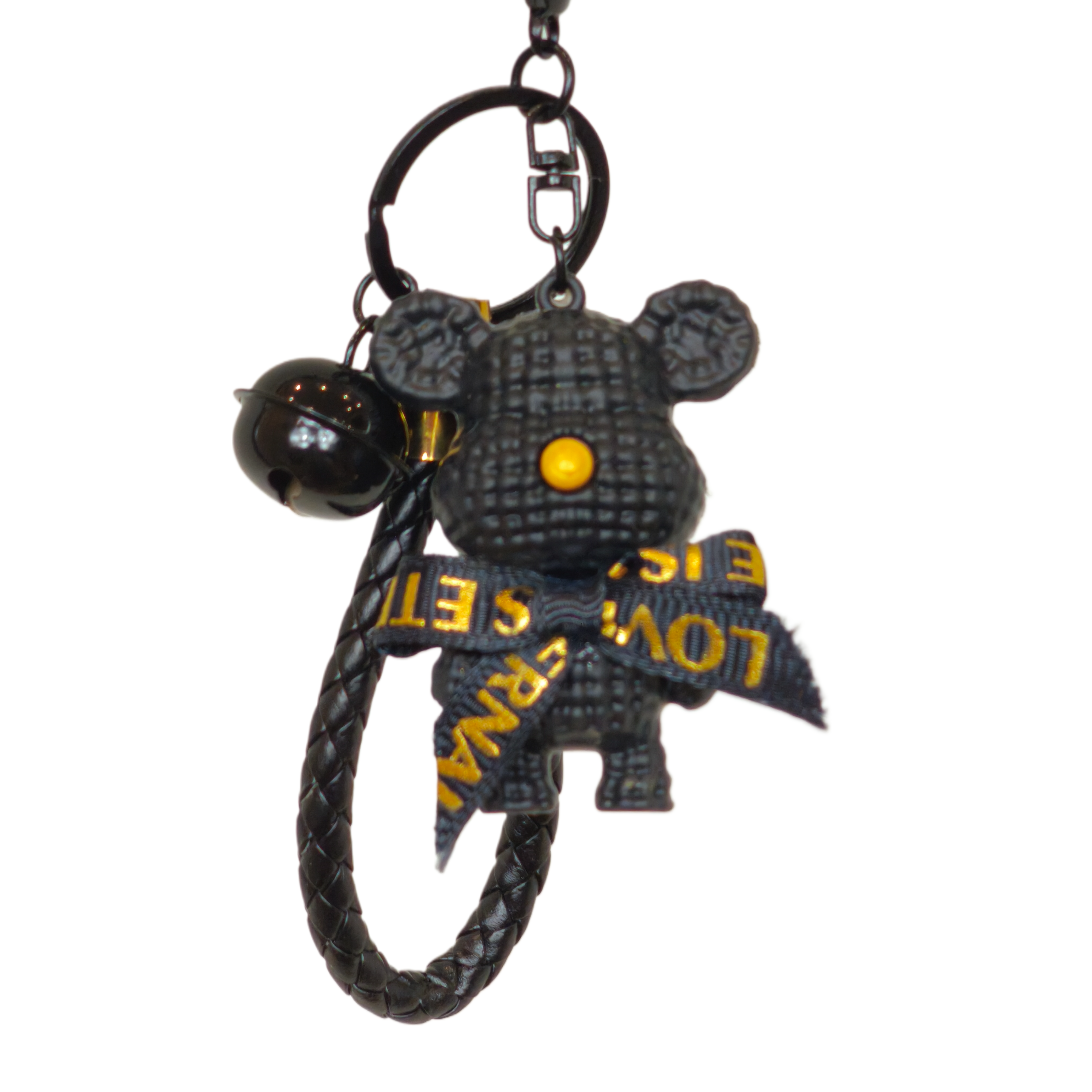 Брелок для ключей медведь с бантом Love is Eternal с колокольчиком Черный (U9307)