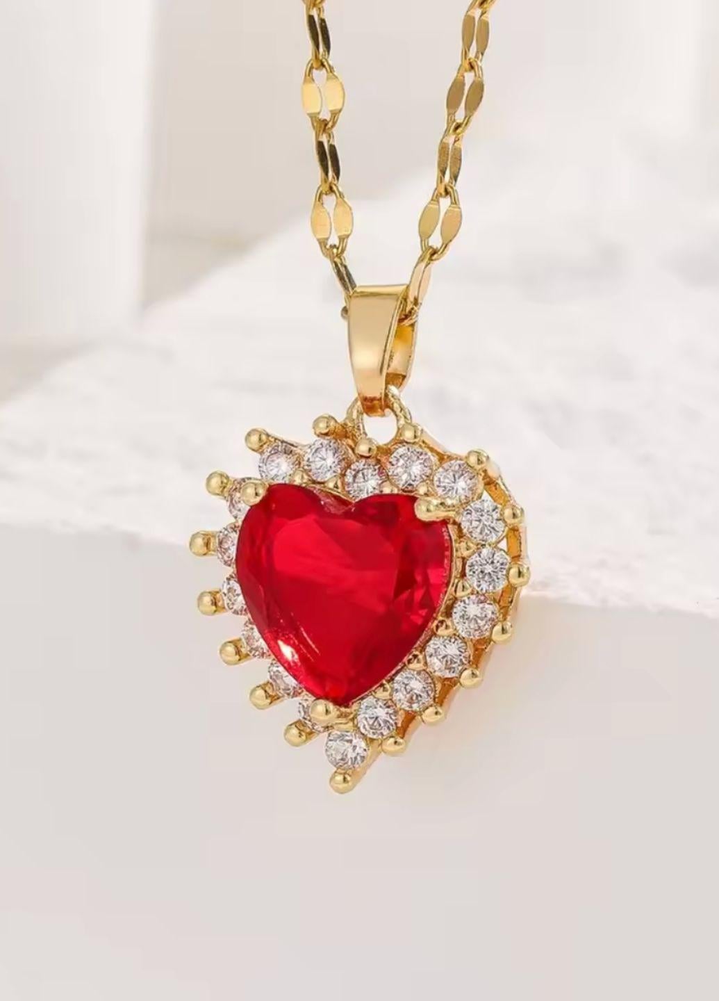 Цепочка женская с кулоном сердцем с красным камнем Fashion Jewelry Золотистый (19403)