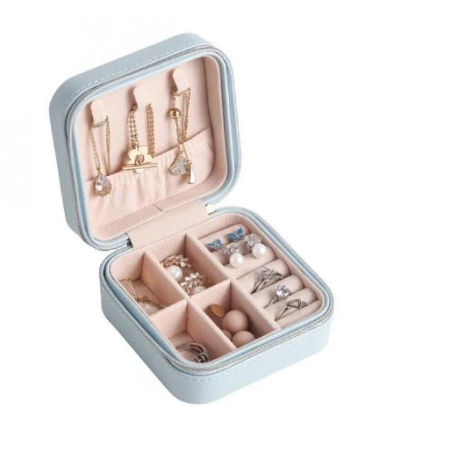 Шкатулка для украшений компактная из экокожи на молнии 10х10х5 см Голубой (ШДД-5-6)