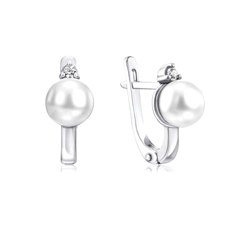 Серьги с белой жемчужиной серебро 925 пробы родированное 2,51 г (82159б)