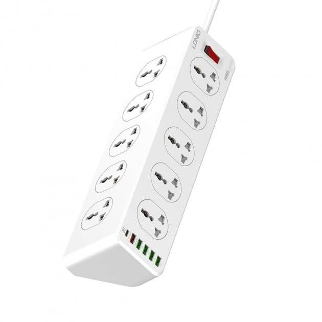 Подовжувач-фільтр мережевий Ldnio SC10610 10 Розеток + 5 USB + 1 Type-C 2 м Quick Charge 3 White - фото 1