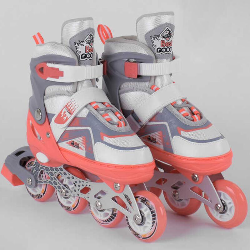 Роликовые коньки Best Roller р. 30-33 PU колёса свет на переднем колесе в сумке Coral/White (98930)