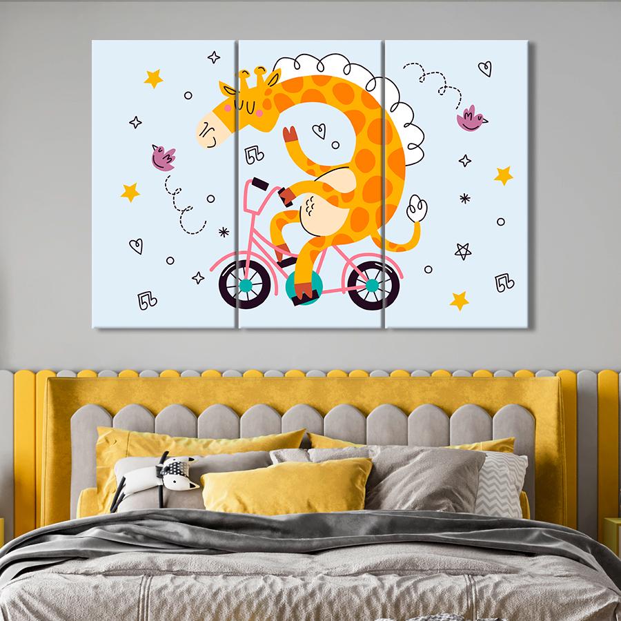Картина в детскую комнату Мультяшный жираф на велосипеде 78x48 см (A1432-3)