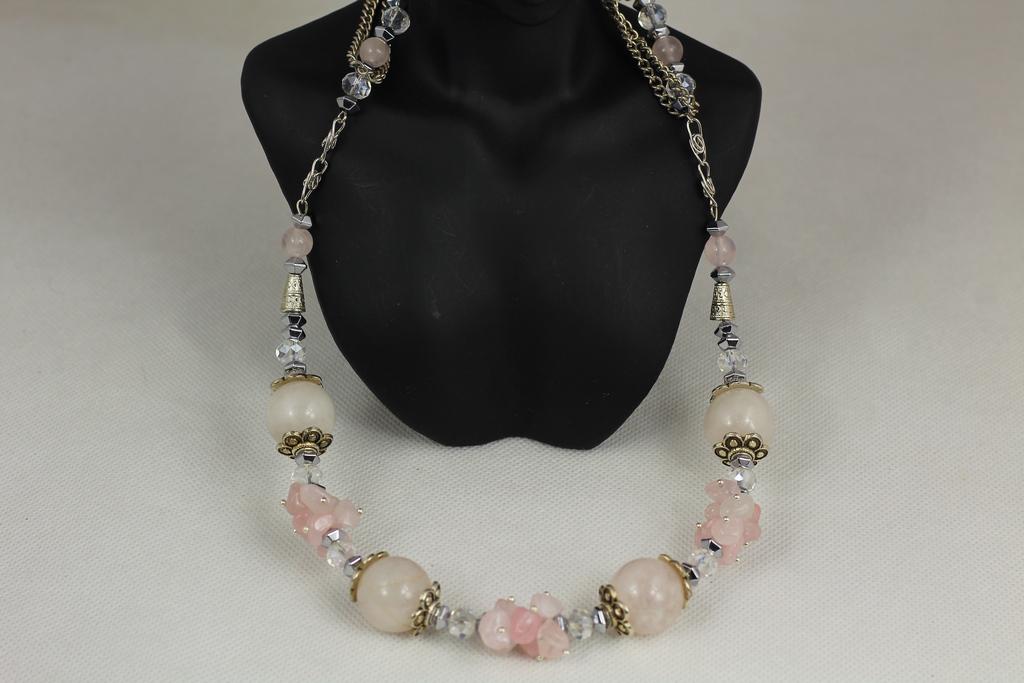 Бусы длинные с розовым кварцем 90 см Серебристый (29503075)