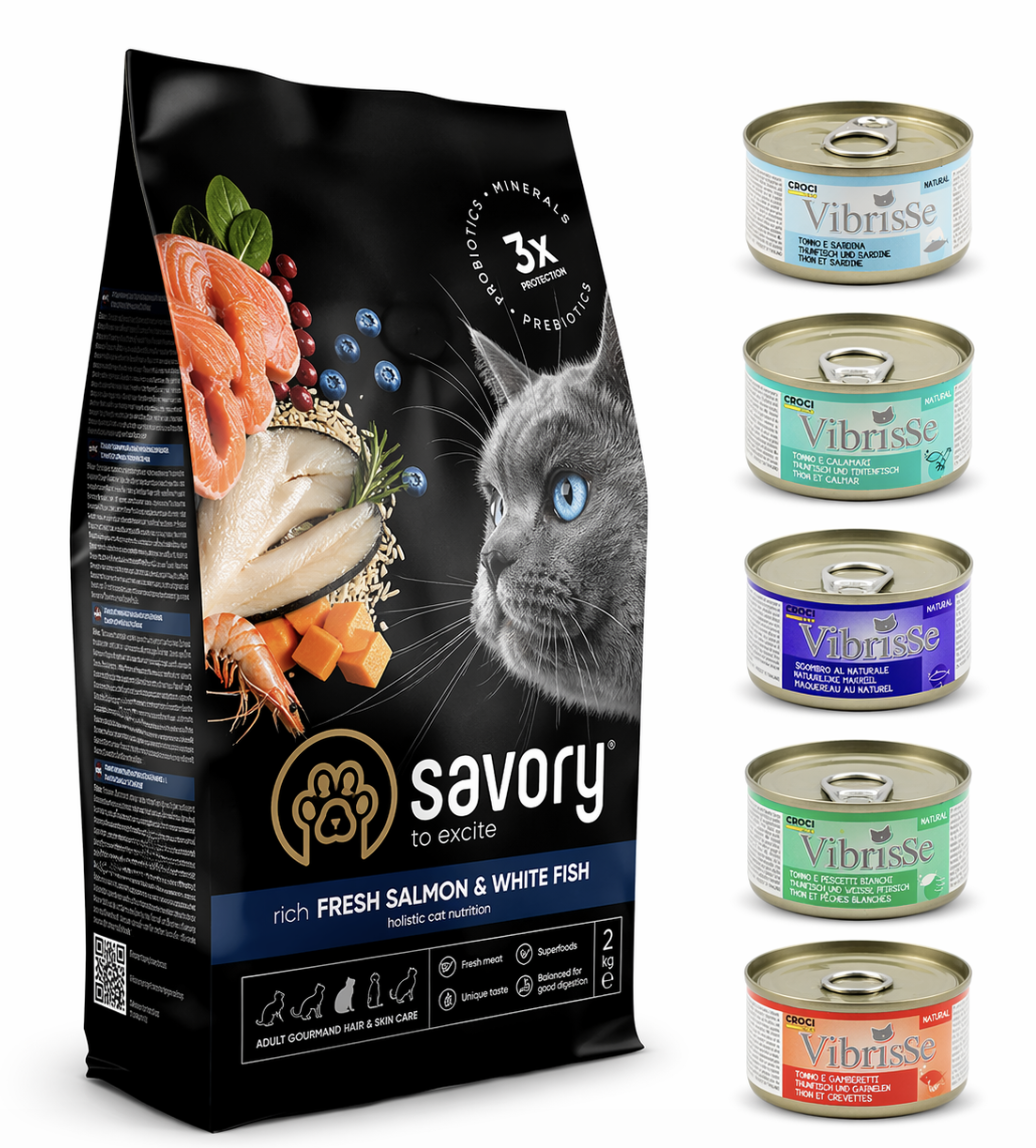 Набір корму Vibrisse Savory для довгошерстих котів з лососем та білою рибою 2 кг консерви 5 шт. 70 г (4820232630020)