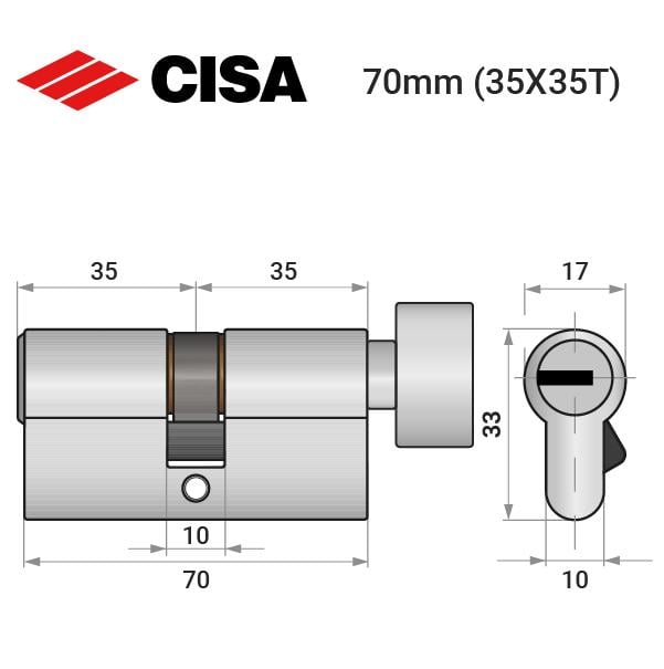 Циліндр замка ключ/тумблер Cisa ASIX P8 70T 35х35T нікель матовий (38014) - фото 4