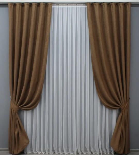 Шторы из льна 1,5x2,7 м 2 шт. Коричневый (1429ш)